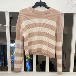Striped Beige and White juniors L Sweater , Pink Rose